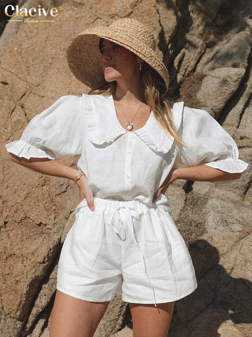 

Clacive Summer Loose White Linen Shorts Sets For Women 2 Pieces Elegant Short Sleeve Shirts With High Waist Shorts Set Female