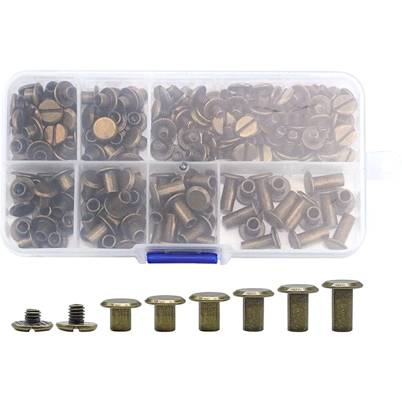 

90 Sets Chicago Screws Assorted Kit, 6 Sizes Of Round Flat Head Leather Rivets Metal Screw Studs For DIY Leather Craft