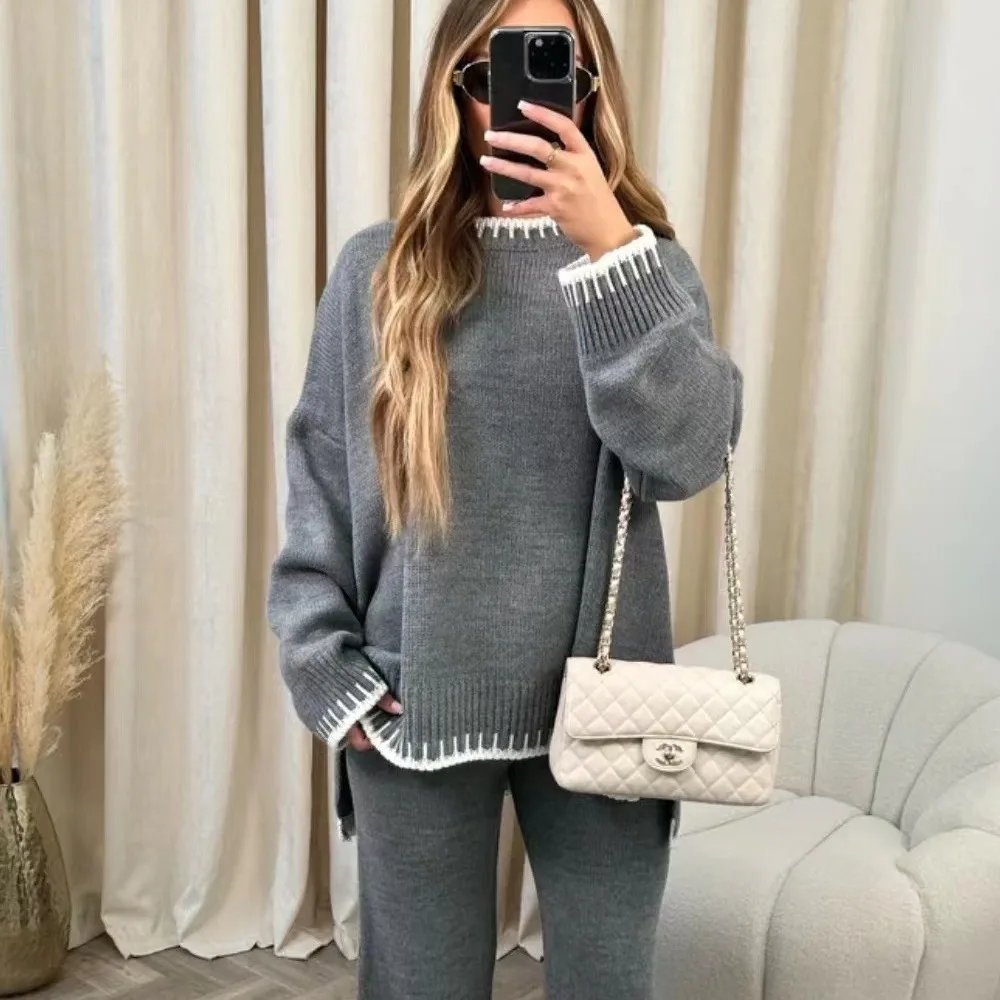 

Choichic Fashion Striped Women Knit 2Pieces Set Elegant O-neck Split Sweater+High Waist Straight Pants Set Winter Warm Outfits