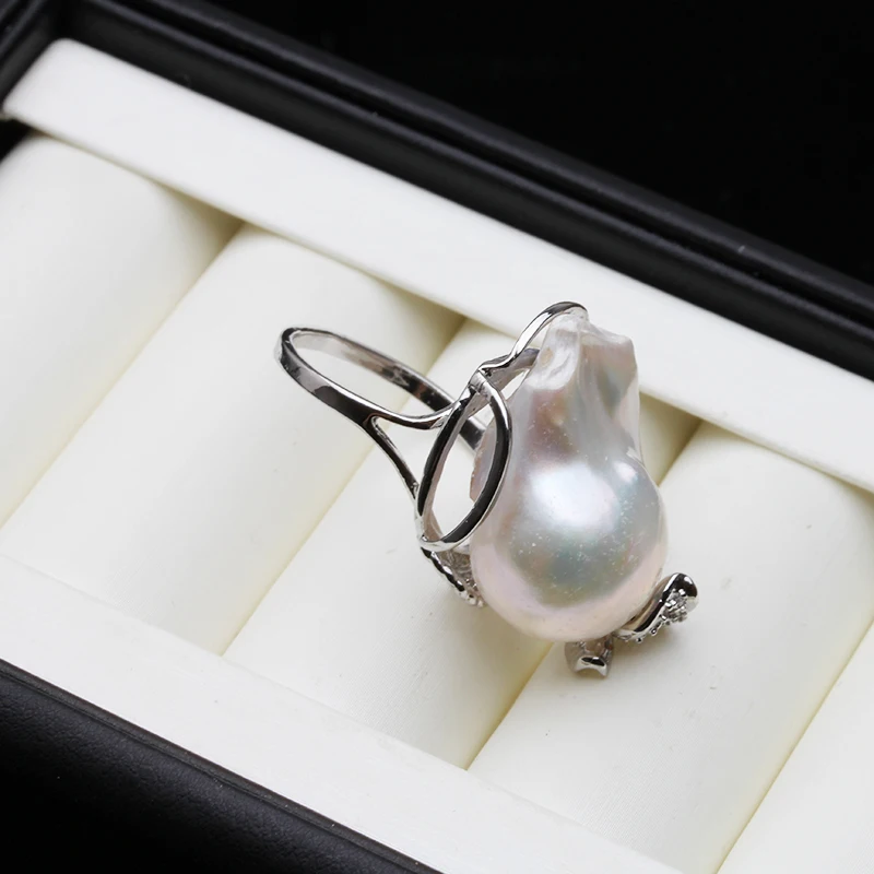 100% Real Freshwater Natural Baroque Pearl Ring For Women,wedding Adjustable Big Pearl Ring Female White