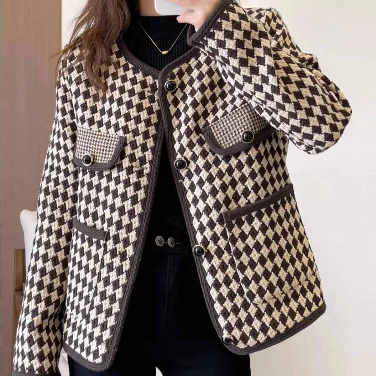 

Korean Reviews Many Clothes Woman Clothing Women's Jacket Tweed Small Fragrant Coat Autumn Winter Fashion Lattice O-Neck Tops