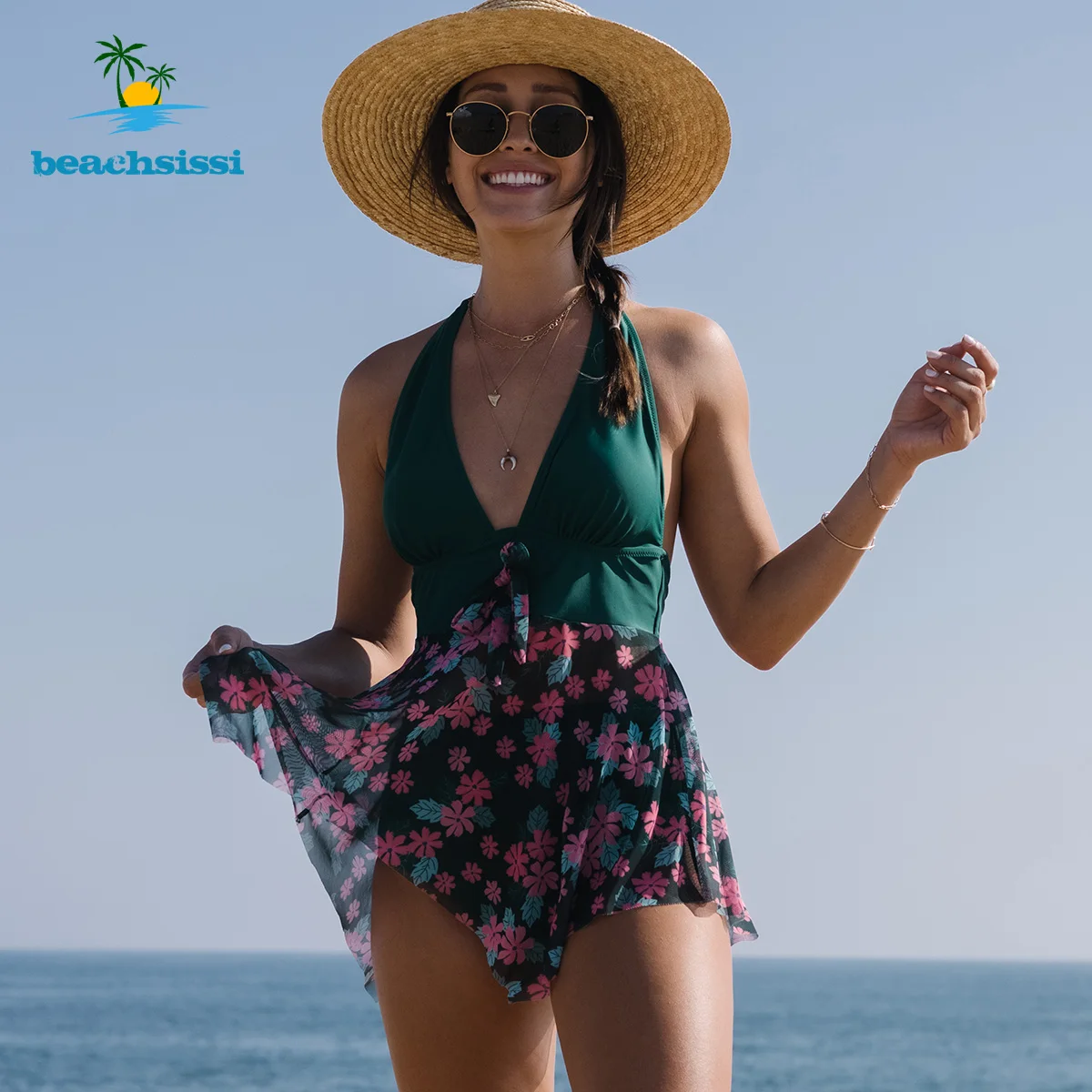 Beachsissi Women's 2022 New Flower Print Mesh Patchwork Tankini Set 2