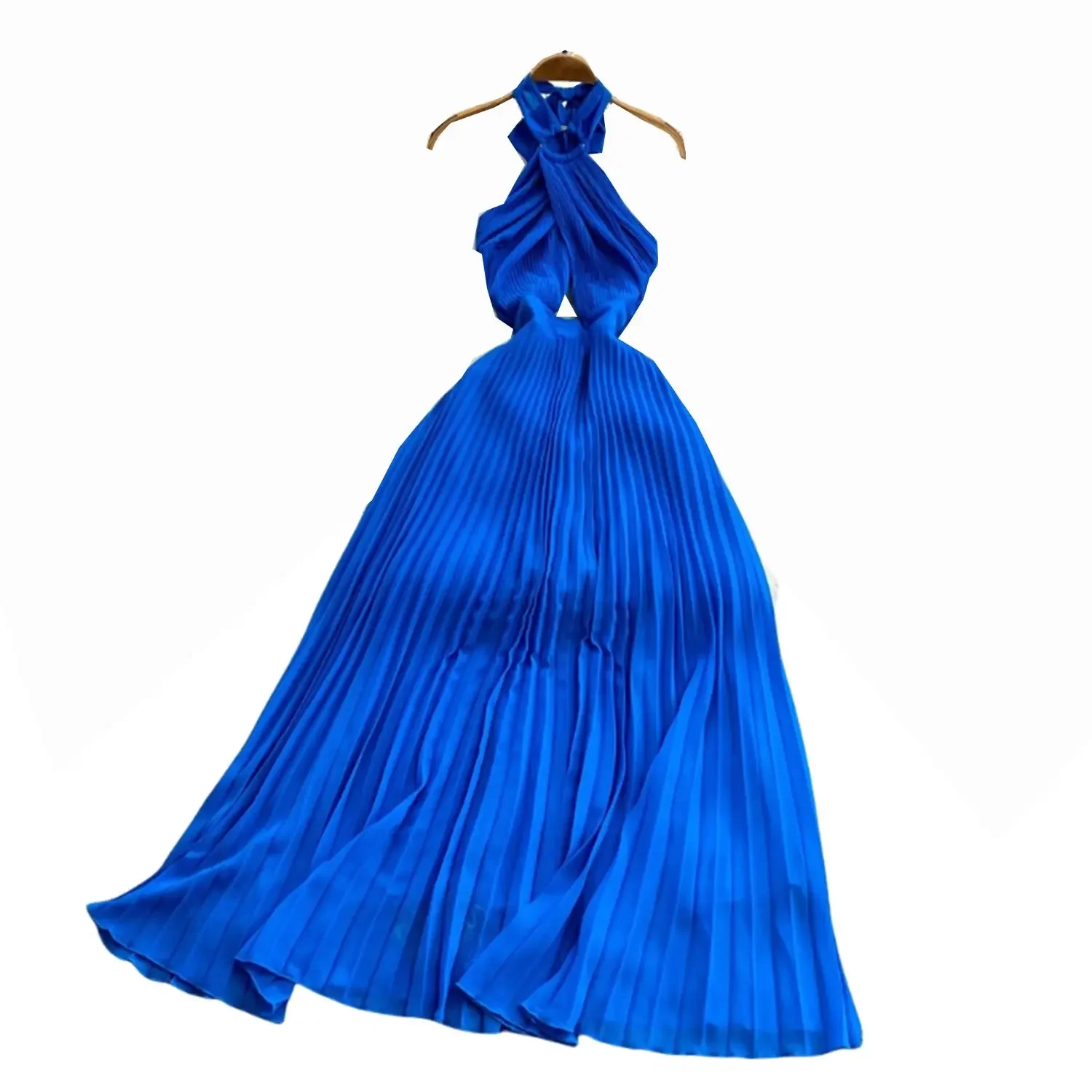 

Blue beach dress female seaside vacation super fairy swing long dress fashion French neck hanging backless pleated dress summer
