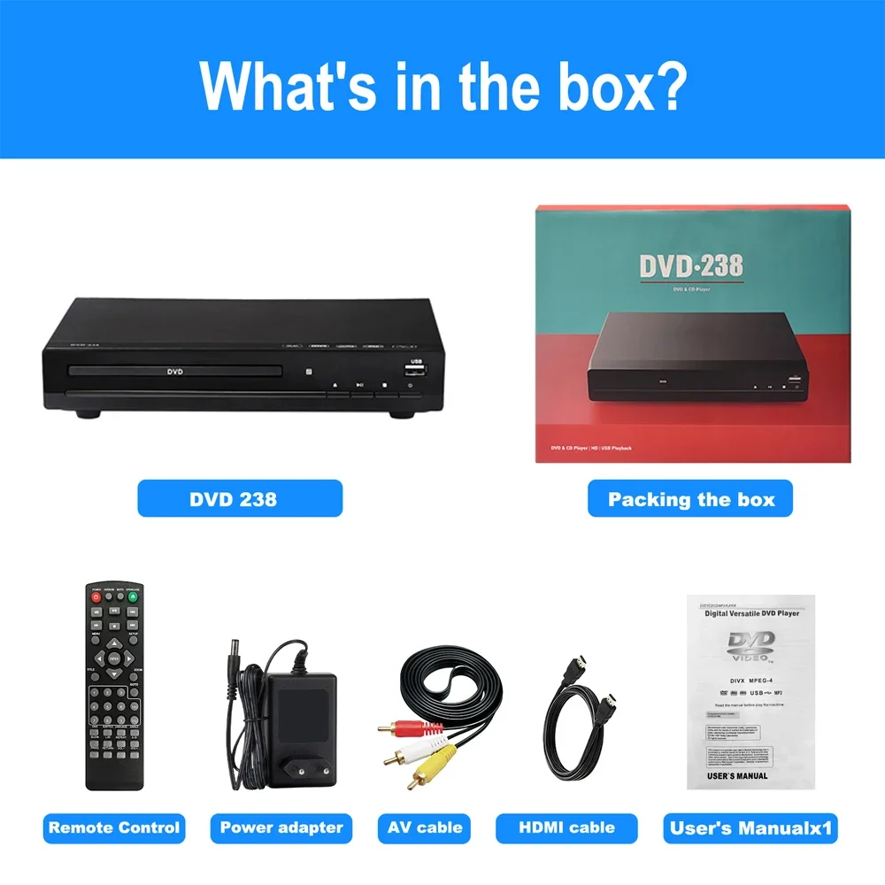 Woopker DVD Player DVD-238 HD 1080P Multimedia Digital TV Portable DVD Player Support DVD CD MP3 MP4 VCD Home Theater System KTV