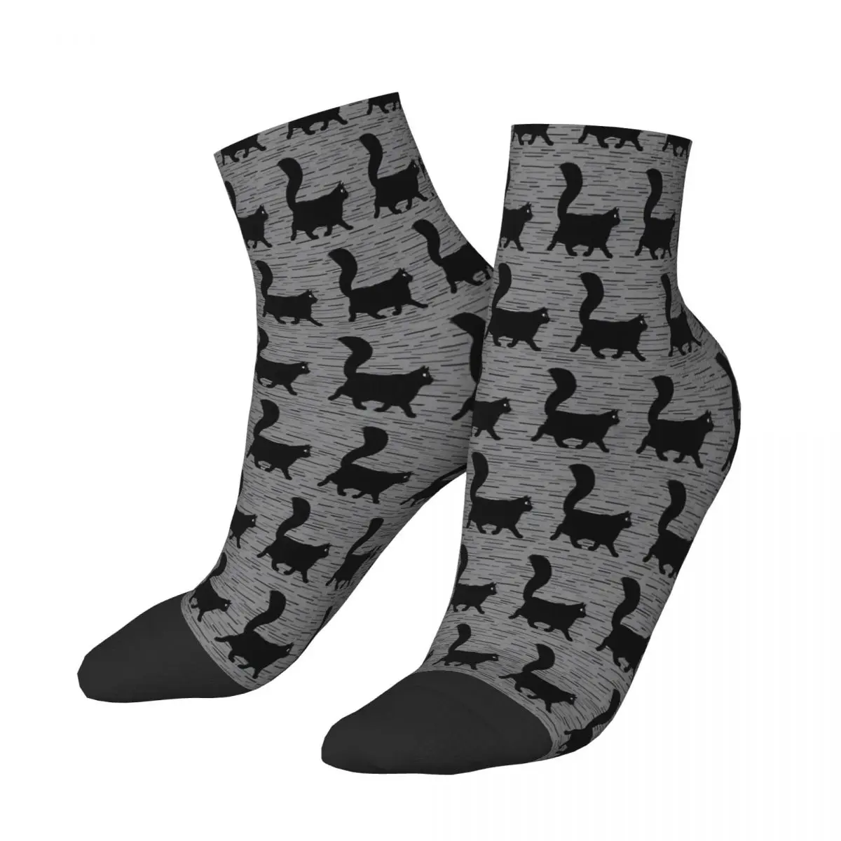 

Walking Longhaired Black Cat Halloween Meme Ankle Socks Male Mens Women Summer Stockings Printed