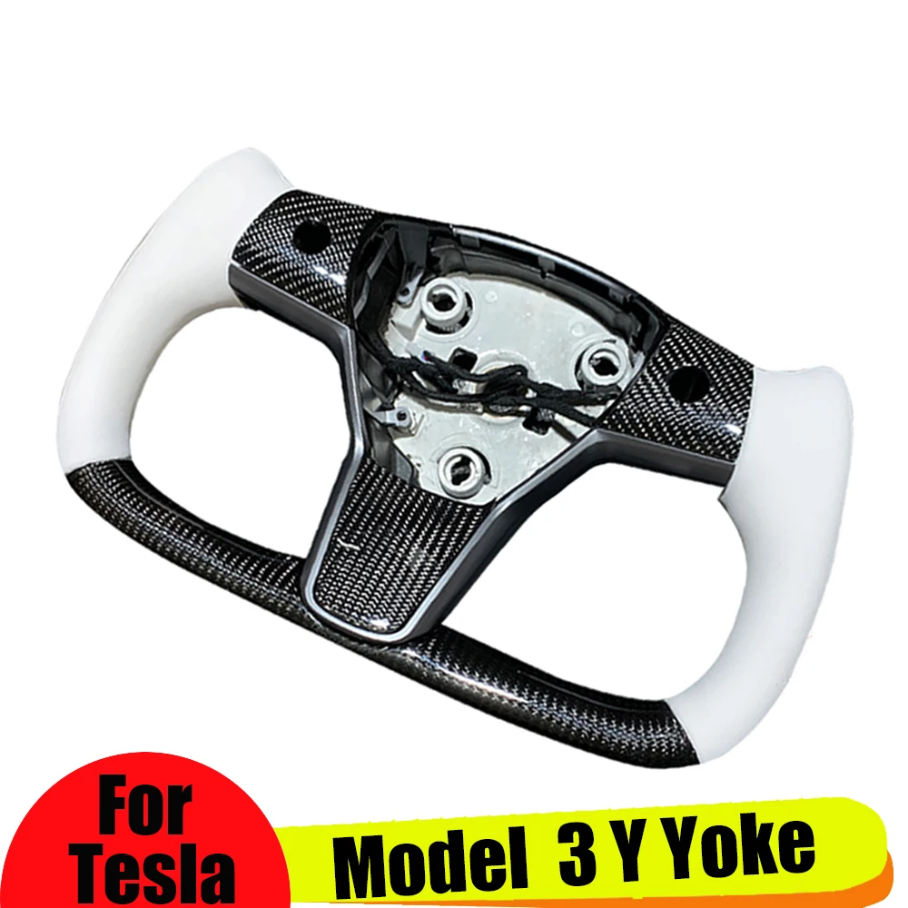 

350mm Yoke Handle Steering Wheel For Tesla Model 3 2022 Leather Carbon Steering Wheel Heat Tesla Model Y 2023 Accessories