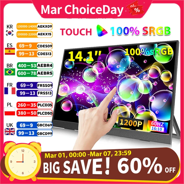 14.1 Inch Touch Screen Portable Monitor 100%sRGB 400cd/m2 Gaming Computer Expand Display For XBox PS4/ 5 Switch Loptop
