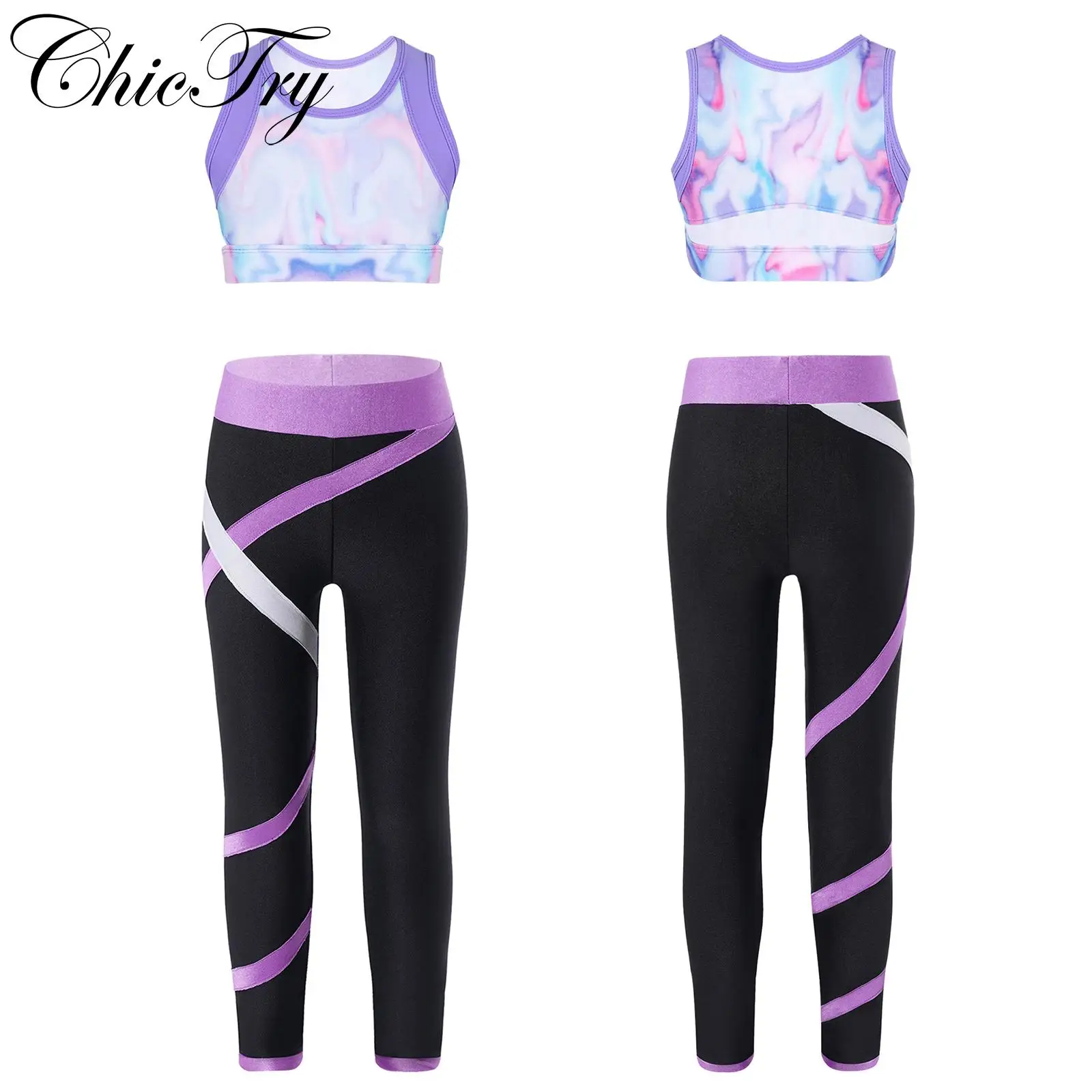 

Kids Girls Sports Outfits Gymnastics Workout Dancewear Sets Sleeveless Printed Crop Top with Leggings for Dance Performance