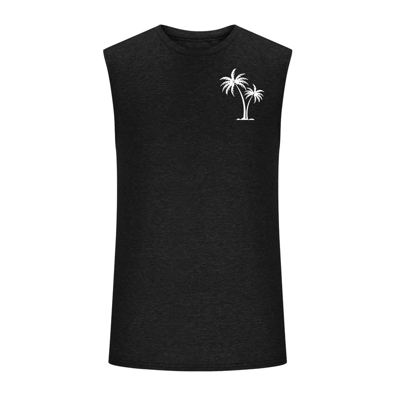 Men s Summer Casual Tank Tops Palm Leaf Print Sleeveless Round Neck Workout Gym Vest Beachwear Coconut Tree Pattern Shirt