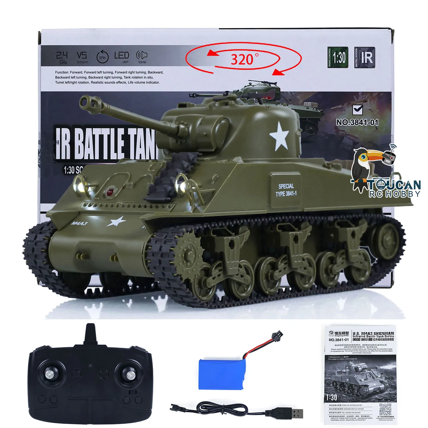 1/30 Heng Long RC 배틀 탱크, Sherman M4A3 3841-01 2.4G, 원격 TOUCAN 플라스틱 탱크, 남아용 자동차 선물, TH23393 
