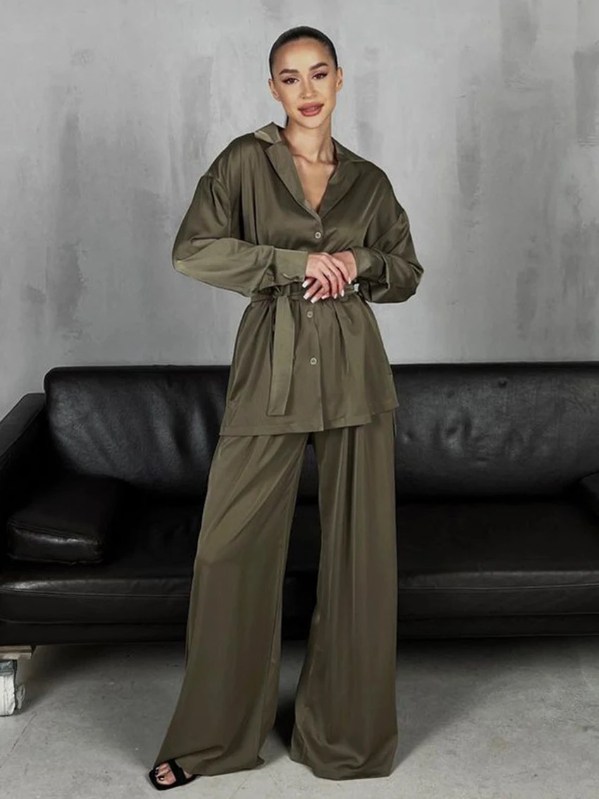 Marthaqiqi Fashion Women Sleepwear Suit Sexy Turn-Down Collar Nightwear Long Sleeve Lace Up Pajama Wide Leg Pants Nightgowns Set