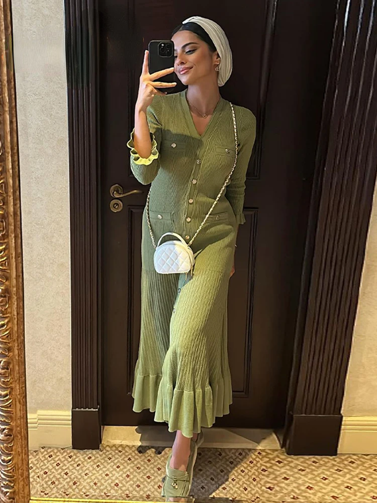 

Elegant Metal Single Breasted Knitted Dress Women V-neck Ruffles Long Sleeves Slim Dresses 2024 New Fashion Office Lady Vestidos