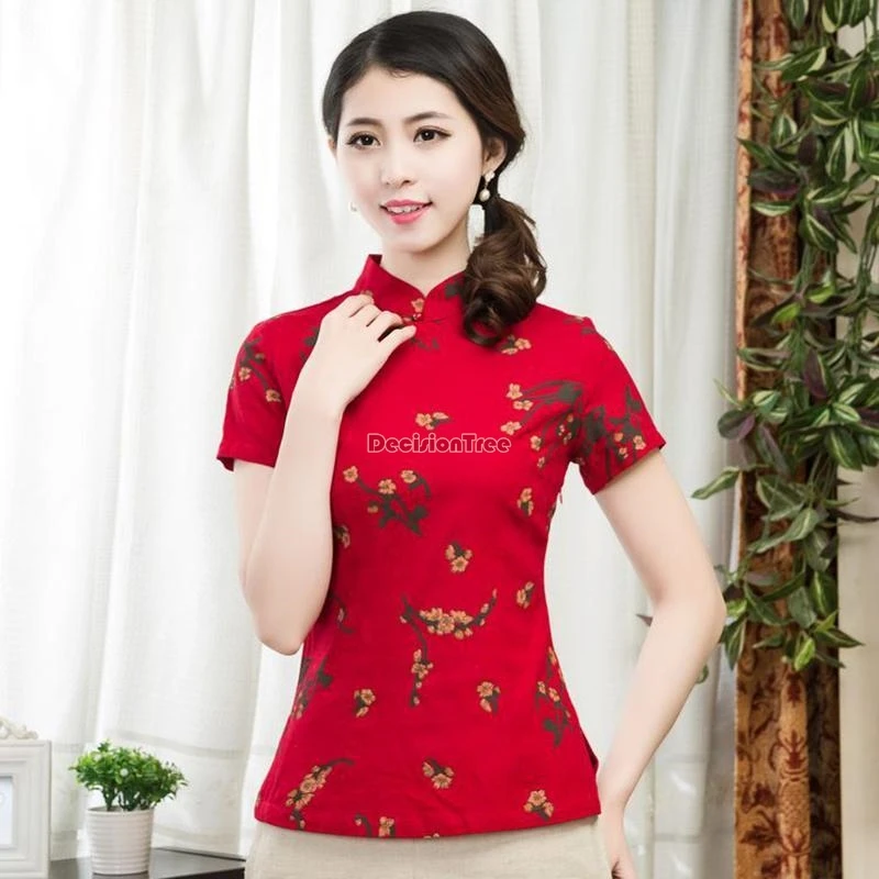 Chinese Seven-point Sleeve Women's Retro Printed Cheongsam Top Improved Cotton Linen National Style Tang Suit Blouse w581