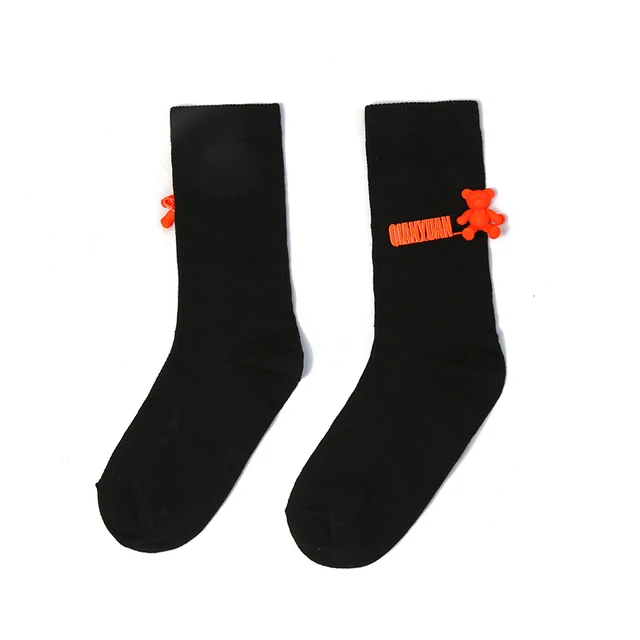 Black and White Pure Color Tube Socks Female Pin Bear Lovely Personality Tide Socks INS Korean Students Long Tube Cotton Socks 23