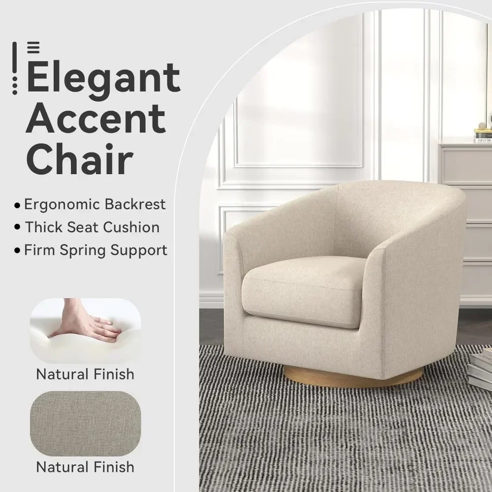 Description Picture 3 of itemSwivel Accent Chair, Modern Upholstered Living Room Chair with Wooden Base & Arms, Fabric Swivel Barrel Curved Chair, Flax Beige