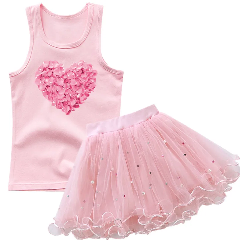 

Girls Fashion Vest Suit Kids Flower Heart Print Tank Top and TUTU Skirt Set Sleeveless T-shirt Daily Wear Outfit