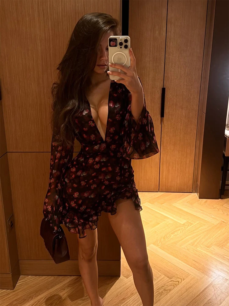 women flora painted ruffle mini dress elegant full sleeve deep v neck slim a line vestidos 2026 new lady holiday street dresses Women Flora Painted Ruffle Mini Dress Elegant Full Sleeve Deep V-neck Slim A-line Vestidos 2026 New Lady Holiday Street Dresses 5