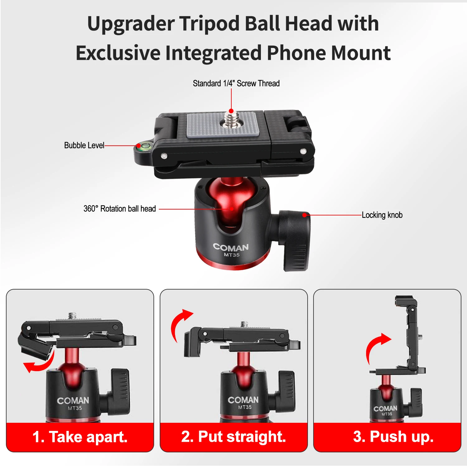 COMAN MT-35 Versatile Flexible Tripod with Hidden Phone Mount and Cold Shoe for Cameras and Smartphones