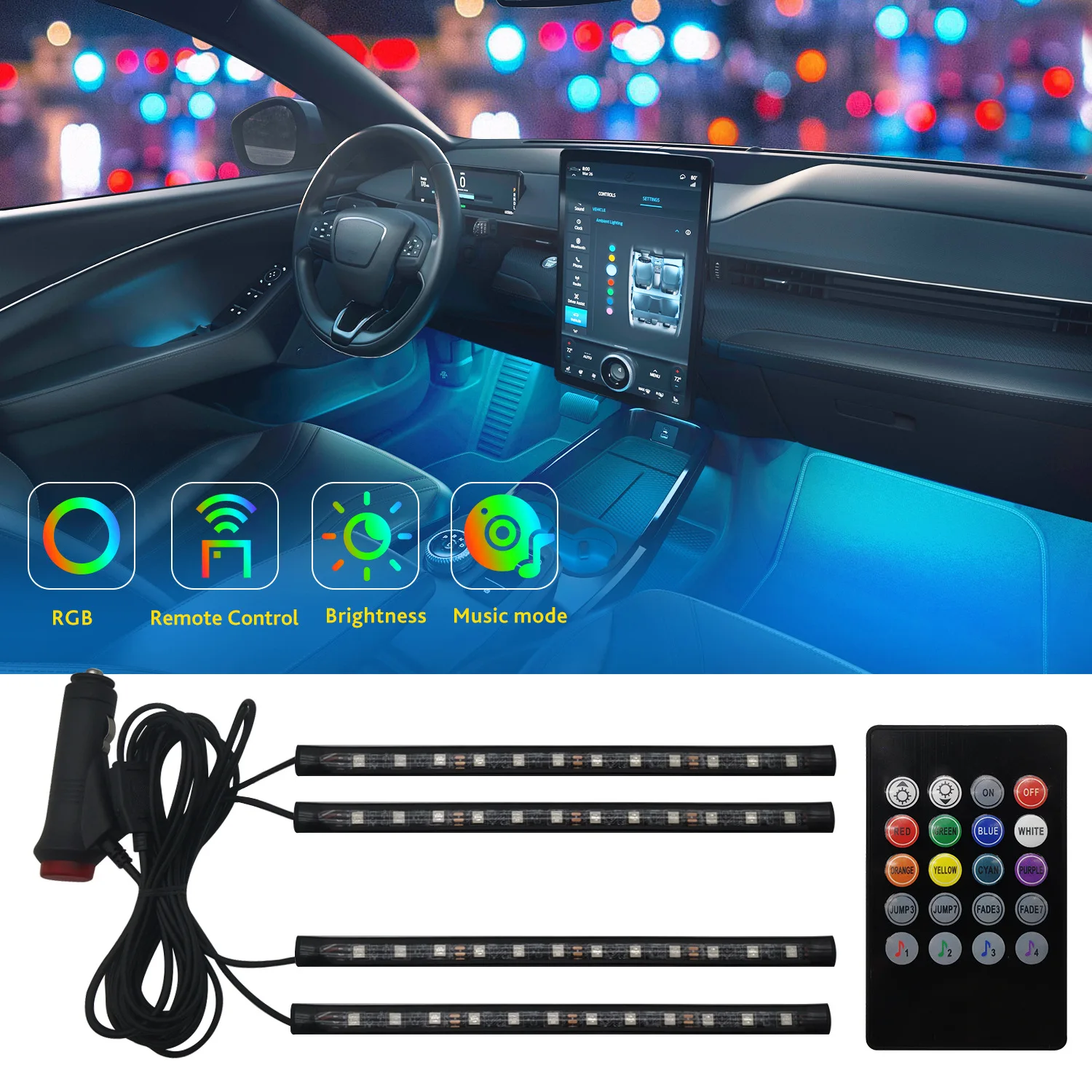 Color-Changing LED Car Interior Ambient Light Kit with Remote and App Control