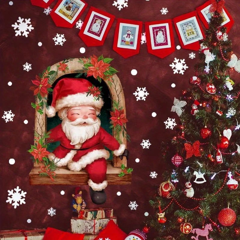 Cartoon Santa Claus Snowflake Decoration Wall Sticker Santa Claus Window Flipping Self-adhesive Wall Sticker Home Decor Sticker