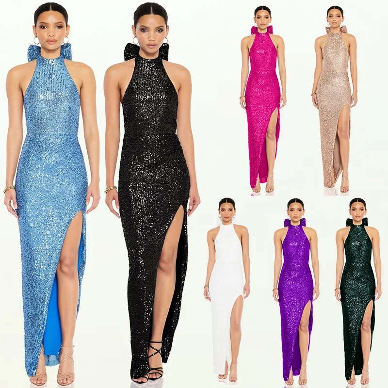 

Женское платье с разрезом и бабочкой, летнее платье с блестками для выпускного вечера