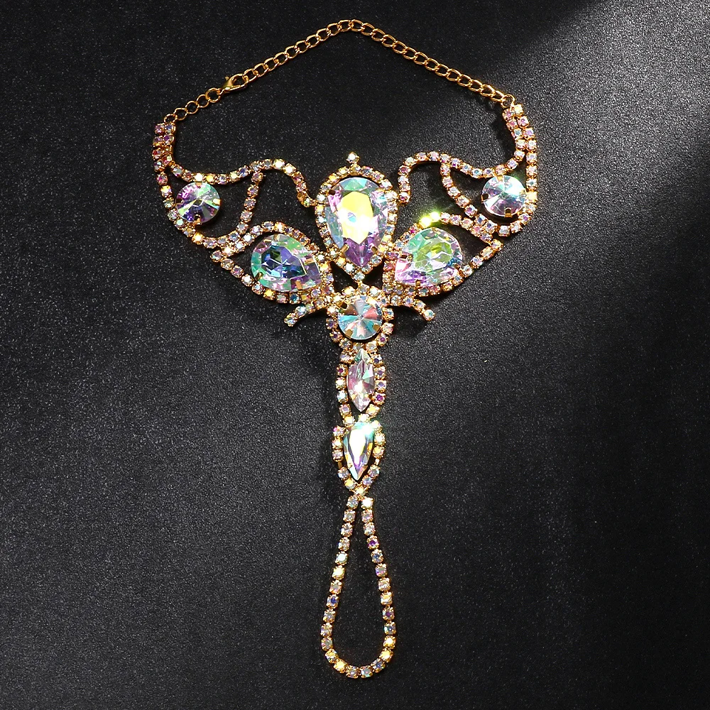 Shiny AB Rhinestone Drop Finger Bracelet Chain for Women Oversize Accessories Exaggerated Belly Dance Crystal Head Jewelry crystal bracelet
