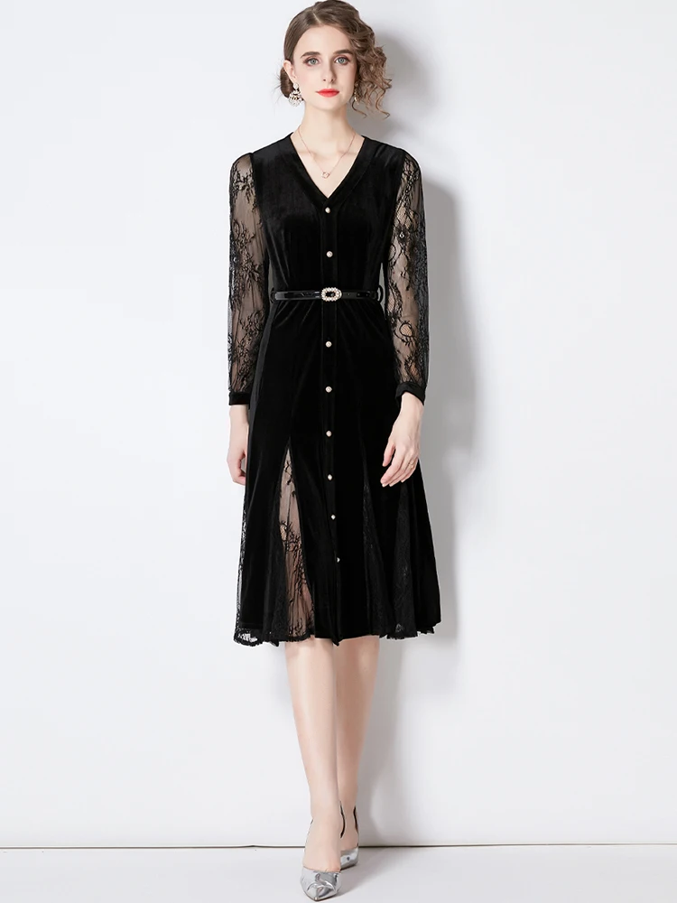 Spring Autumn Vintage Black Velvet Midi Dress Women Long Sleeve V Neck