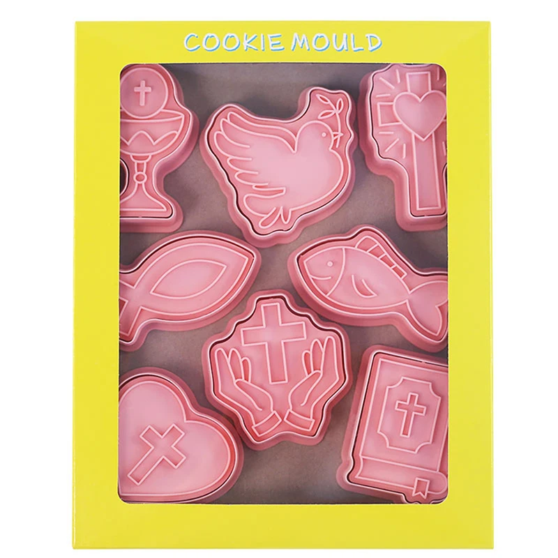 8Pcs Christian Communion Cookie Cutter Plastic 3D Cartoon Cross Love Fish Chalice Pressable Biscuit Stamps Mold Cake Decoration cookie cutter,baking mold,cookie mould,cookie maker press kit