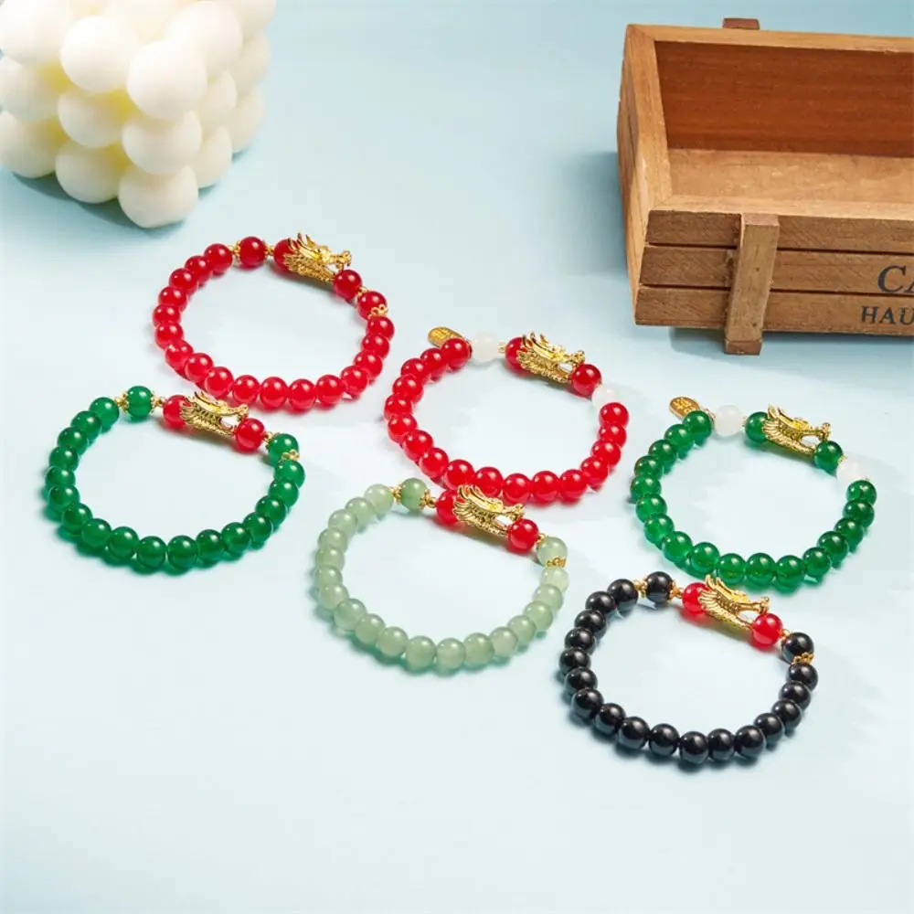 Classic Beads Dragon Bangle Sweet Red Elastic Zodiac Hand Chain Jewelry Fashion Loong Beaded Bracelet Gift