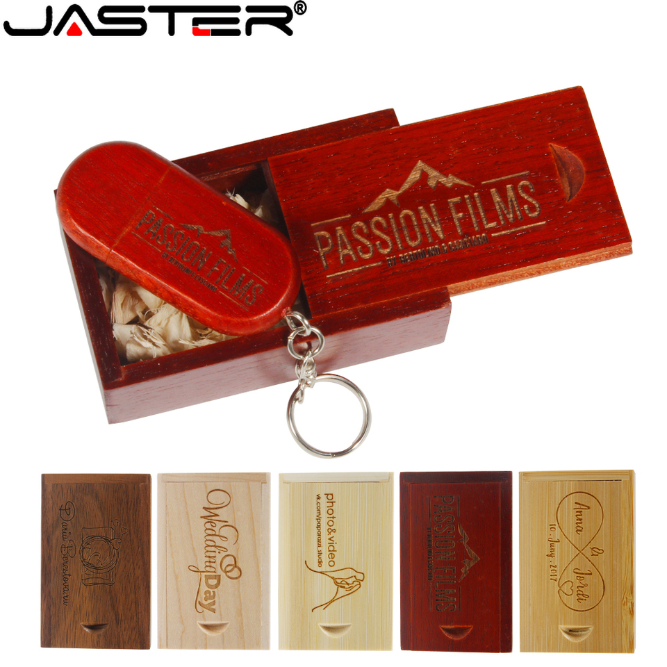 JASTER Wooden USB 2.0 Flash Drives 128GB 64GB Pen Drive Free Custom Logo Oval Memory Stick with Box/Chain 32GB 16GB 8GB U Disk