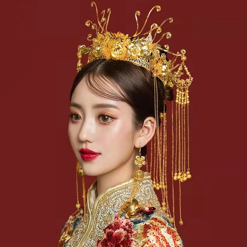 

Роскошные золотые короны невесты с Фениксом для женщин, свадебная Королевская корона, Китайский Свадебный Brdial, тиара, головные уборы, винтажная диадема русалки