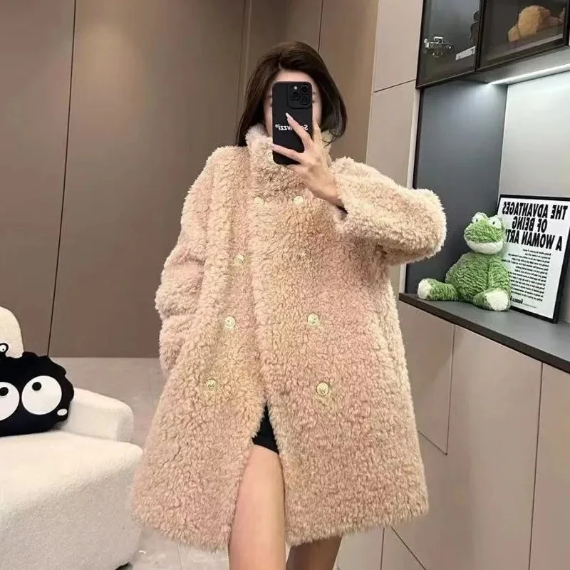 Black Lamb Wool Coat 2024 Autumn/Winter New Popular and Popular Maillard Small Fragrance Style High Grade Fashion Mid length Top