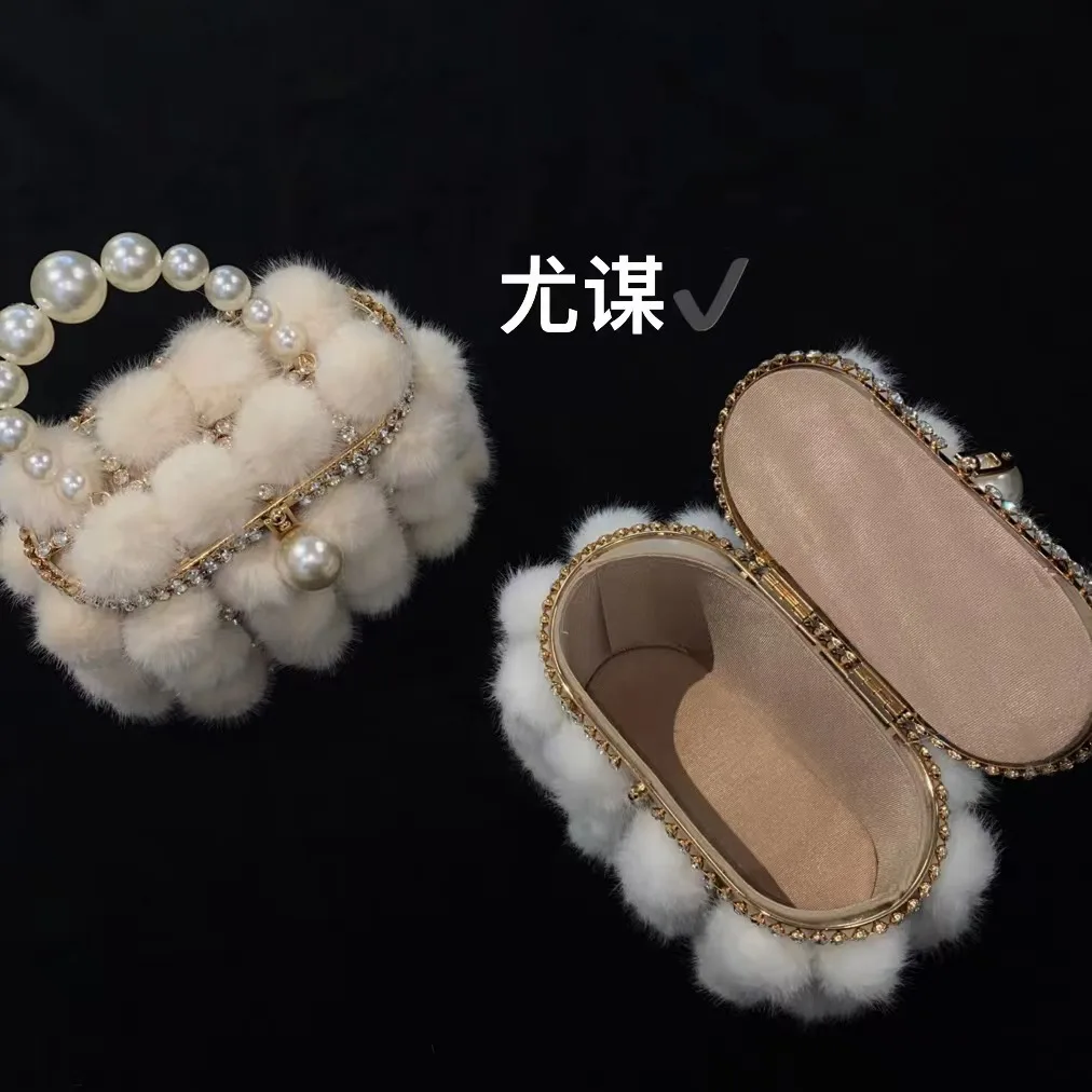 Diamond Hollow Out Women Shoulder Bag Luxury Crossbody Evening Bag Metal Cages Pearl mink fur Bag Wedding Party Handbag Clutch