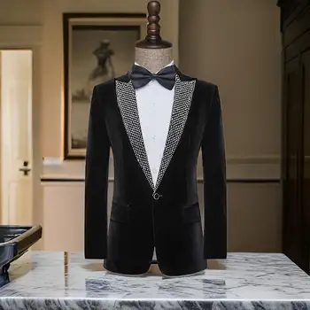 Blazer da ballo in velluto nero di lusso per uomo Slim Fit 1 pezzo giacca da smoking perline giacca con risvolto a punta blazer da uomo per feste di scena 1