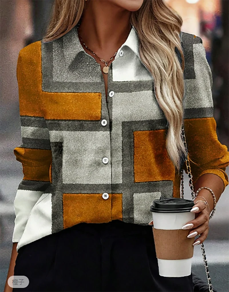 

Women's button down shirt V-neck plaid splicing blouse spring and fall casual button printing long-sleeved fashion commuter