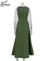 Oymimi Elegant Green Cotton Women's Dress Fashion O-Neck Sleeveless Dresses Casual New High Waist A-Line Mid-Calf Dresses Female - Image 6