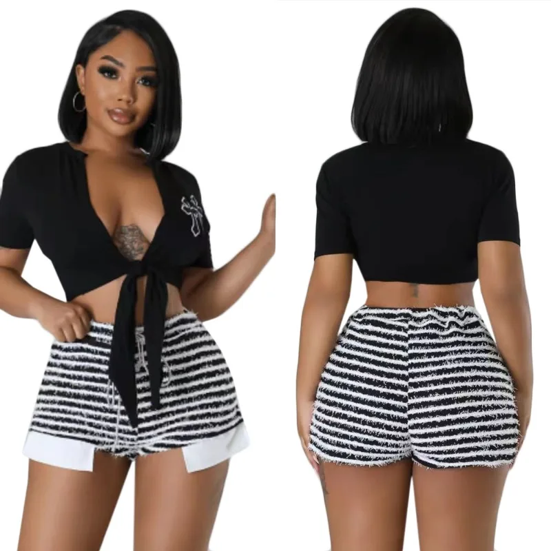 New Spice Girl Hot Pants Black and White Striped Drawstring Lace-up High Waist Women's Shorts Y2K Sexy Fashion Pants Summer