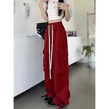 الأمريكية شارع العليا فضفاض حجم كبير السراويل البضائع النسائية الشارع الرقص Y2K موضة السراويل البضائع الصلبة النساء الخريف بنطلون جديد 5