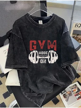 Korean Style GYM MODE ON Graphic Short-sleeved T-Shirt Oversized Cotton Tee Trendy Ins Aesthetic Streetwear for Men & Women
