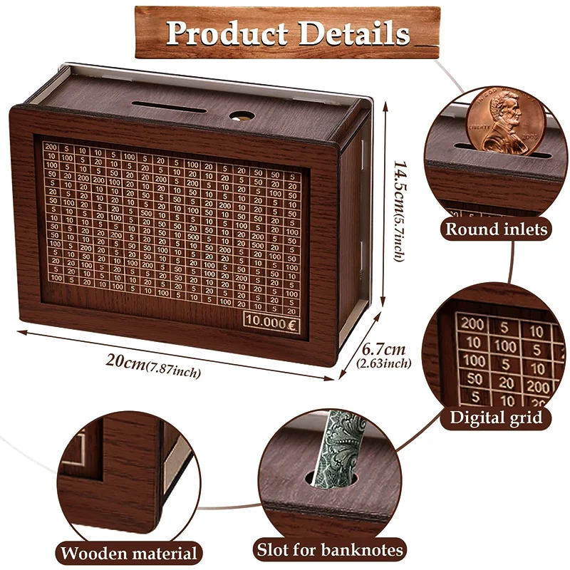 Wooden Piggy Bank for Savings Coin Storage