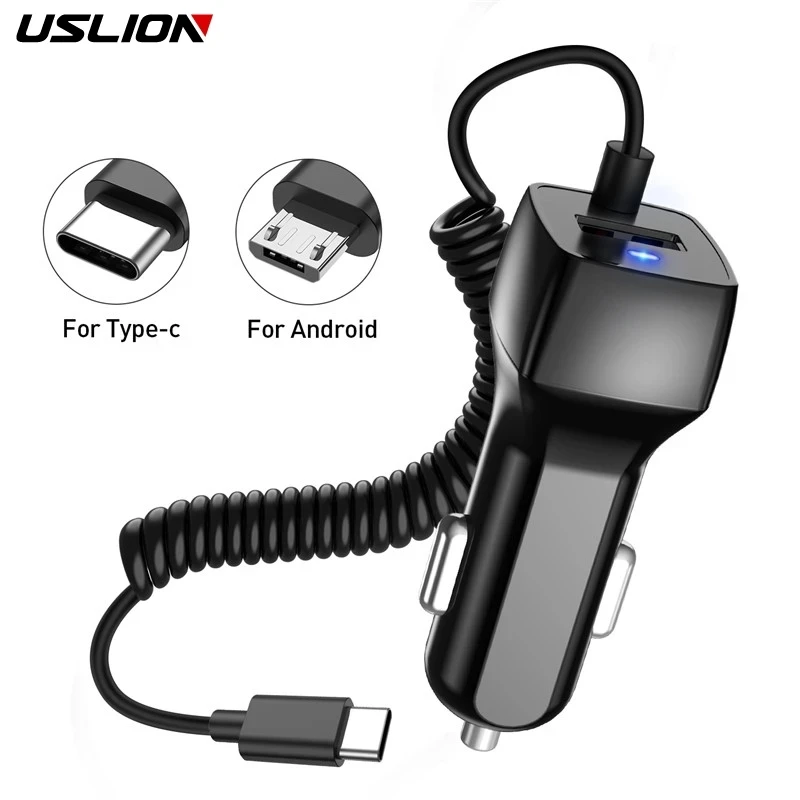 USLIONSpringUSBCarChargerWithMicroUSBTypeCCableFastCharging