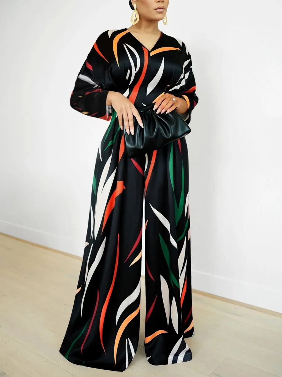 

LW Jumpsuits for Women All Over Print Loose Fit Jumpsuit Elegant Long Sleeve Sexy V Neck One Piece Casual Long Wide Leg Pants