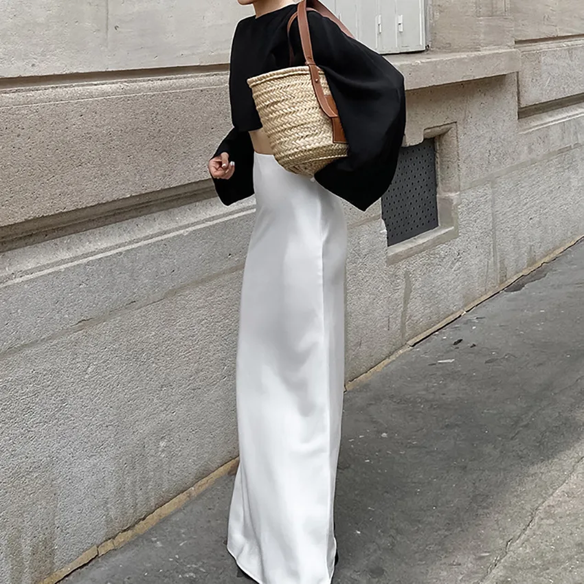 Falda larga elegante de cintura alta para mujer, de satén, elegante, a la moda, con cremallera y retazos, estilo Y2k, informal, de verano