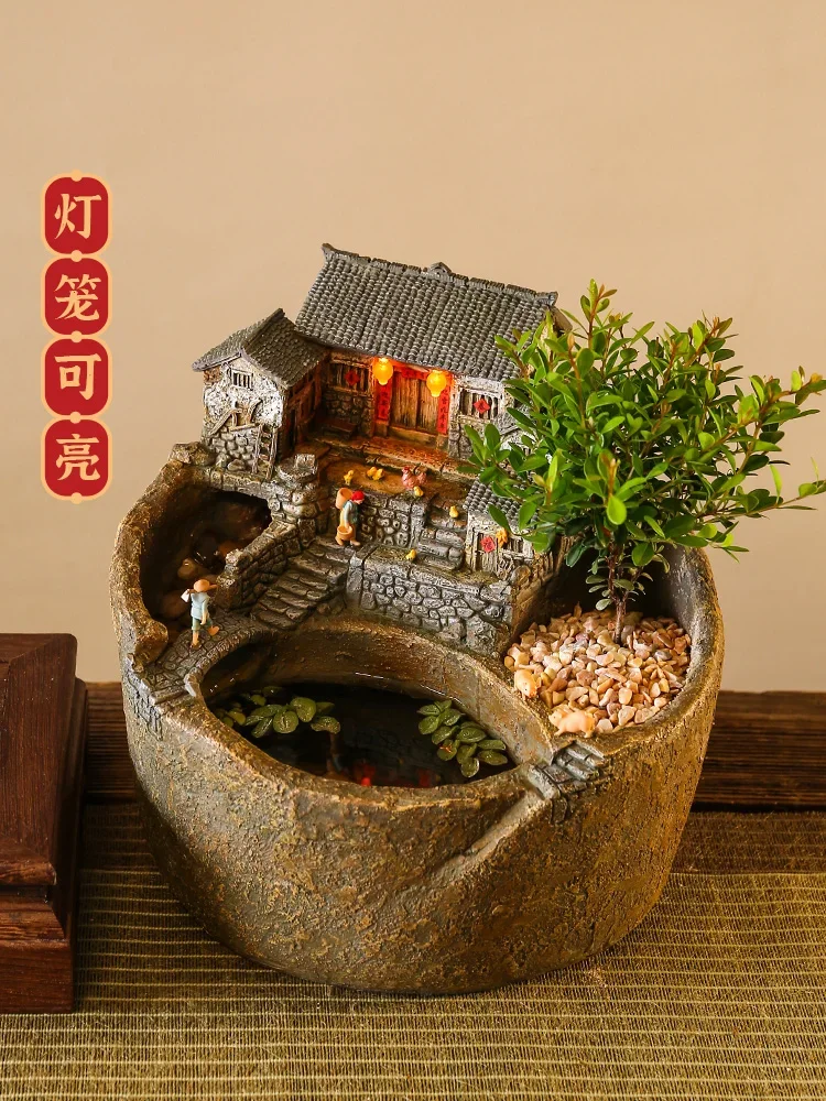 Landscape Fish Tank Creative Resin Circulating Water Hallway Living Room Desktop ChineseDecoration Retro Half-HandmadeGift Large