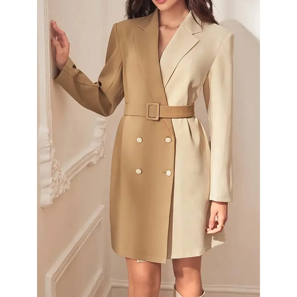 

Khaki and Beige Women Blazer Flat Double Breasted Notch Lapel Elegant Jacket Office Lady Work Outfits Slim Fit Luxury Costume