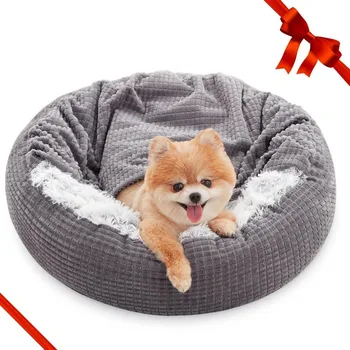 Small Dog Bed with Blanket Attached, Round Calming Hooded Cozy Cave Dog Beds for Small Dogs, Soft Plush Cuddler Puppy Pet Bed 1