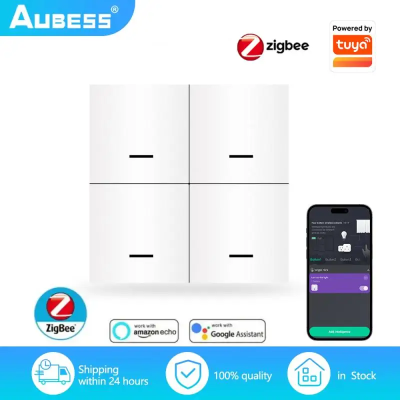 

Tuya ZigBee 4 Gang Smart Scene Switch 12 Scene Mode Push Button Controller Smart Life APP Control Works With Alexa Google Home