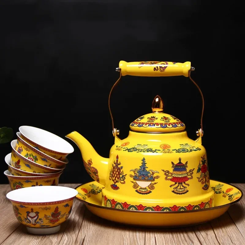 Enameled Teakettle Ceramic Handle Tibet Good Luck Tea Kettle Stovetop/induction cooke Hot Water No Whistling 2.4L