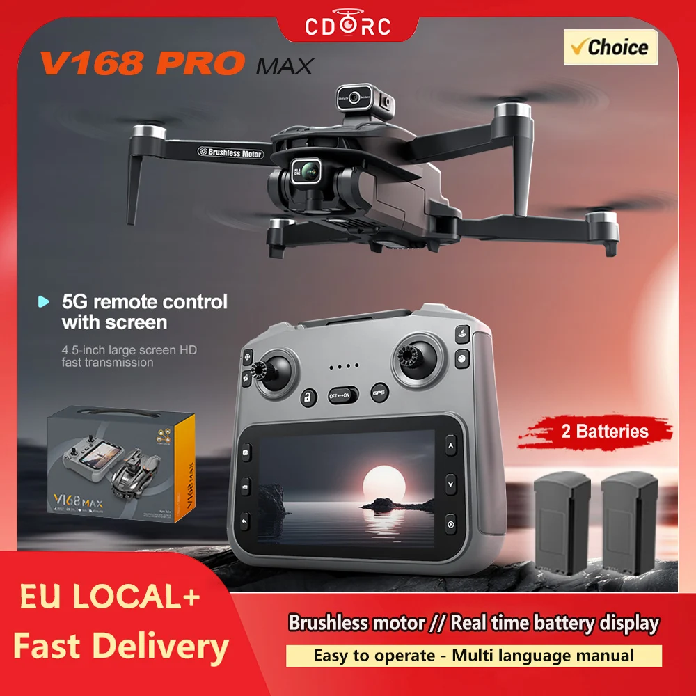 NUOVO Drone GPS V168 MAX 5G WIFI Professionale con Doppia Fotocamera 4K HD, 2 Batterie, Motore Brushless, Evitamento Ostacoli, Schermo, Quadricottero RC Giocattolo