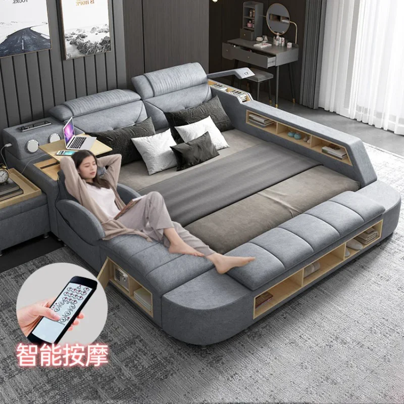 

Technology fabric bed, large master bedroom, double bed, functional massage wedding bed, modern and simple tatami fabric bed